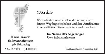 Traueranzeige von Karin Traude Saßmannshausen von Siegener Zeitung