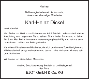 Traueranzeige von Karl-Heinz Dickel von Siegener Zeitung