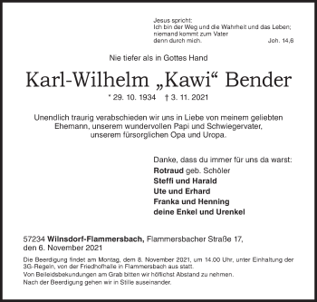 Traueranzeige von Karl-Wilhelm Bender von Siegener Zeitung