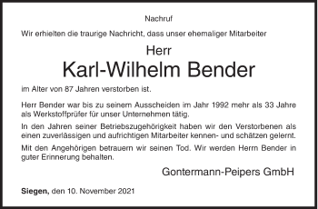 Traueranzeige von Karl-Wilhelm Bender von Siegener Zeitung
