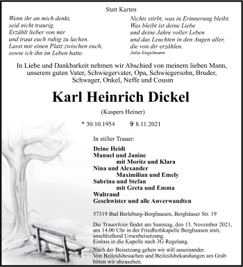 Traueranzeige von Karl Heinrich Dickel von Siegener Zeitung