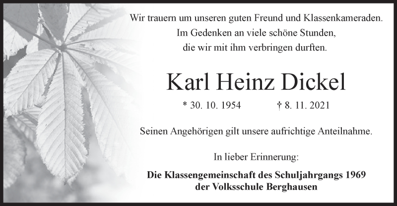  Traueranzeige für Karl Heinz Dickel vom 13.11.2021 aus Siegener Zeitung