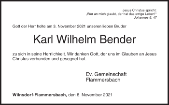 Traueranzeige von Karl Wilhelm Bender von Siegener Zeitung