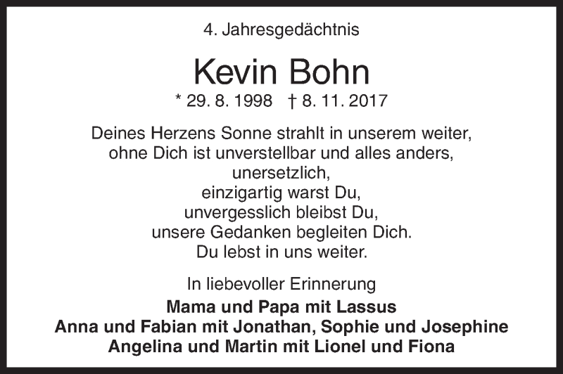  Traueranzeige für Kevin Bohn vom 08.11.2021 aus Siegener Zeitung