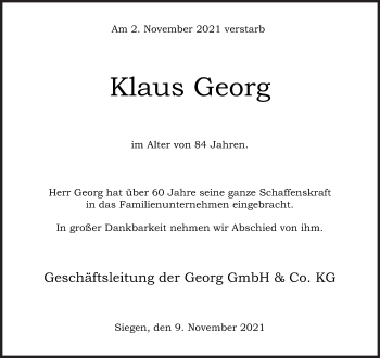 Traueranzeige von Klaus Georg von Siegener Zeitung