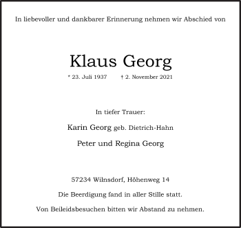 Traueranzeige von Klaus Georg von Siegener Zeitung