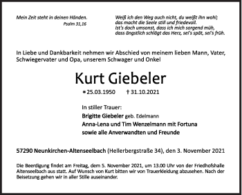 Traueranzeige von Kurt Giebeler von Siegener Zeitung