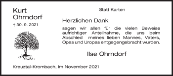 Traueranzeige von Kurt Ohrndorf von Siegener Zeitung