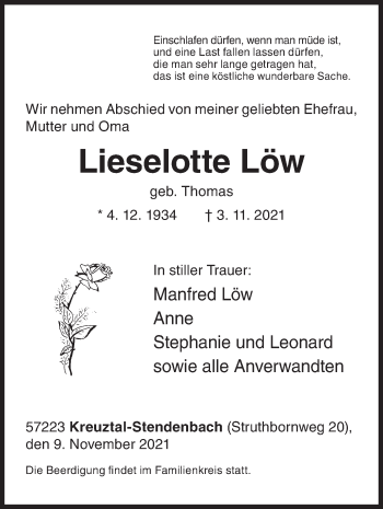 Traueranzeige von Lieselotte Löw von Siegener Zeitung