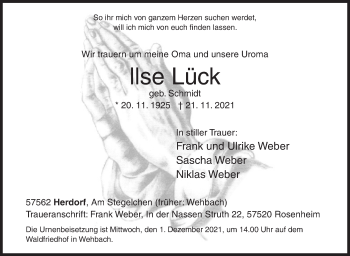 Traueranzeige von llse Lück von Siegener Zeitung