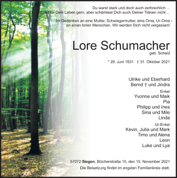 Traueranzeige von Lore Schumacher von Siegener Zeitung