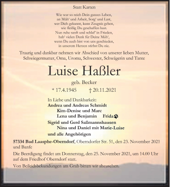 Traueranzeige von Luise Haßler von Siegener Zeitung