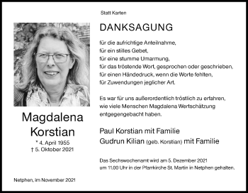 Traueranzeige von Magdalena Korstian von Siegener Zeitung
