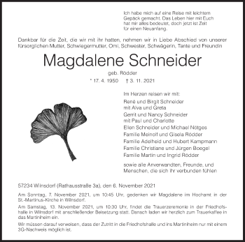 Traueranzeige von Magdalene Schneider von Siegener Zeitung