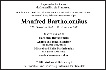 Traueranzeige von Manfred Bartholomäus von Siegener Zeitung