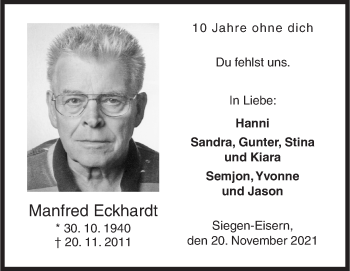 Traueranzeige von Manfred Eckhardt von Siegener Zeitung