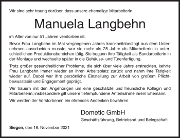 Traueranzeige von Manuela Langbehn von Siegener Zeitung
