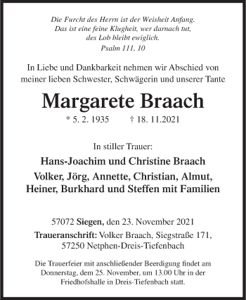 Traueranzeige von Margarete Braach von Siegener Zeitung