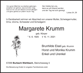 Traueranzeige von Margarete Krumm von Siegener Zeitung