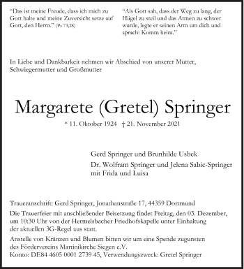 Traueranzeige von Margarete Springer von Siegener Zeitung