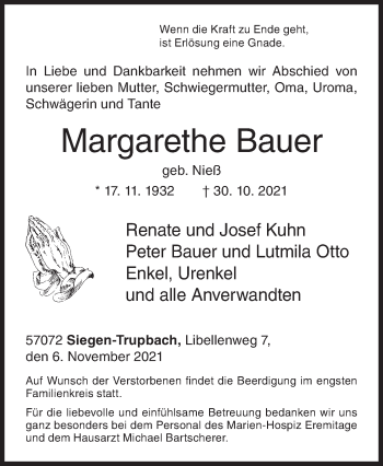 Traueranzeige von Margarethe Bauer von Siegener Zeitung
