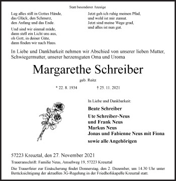 Traueranzeige von Margarethe Schreiber von Siegener Zeitung