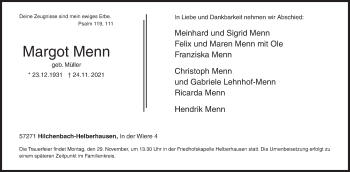 Traueranzeige von Margot Menn von Siegener Zeitung