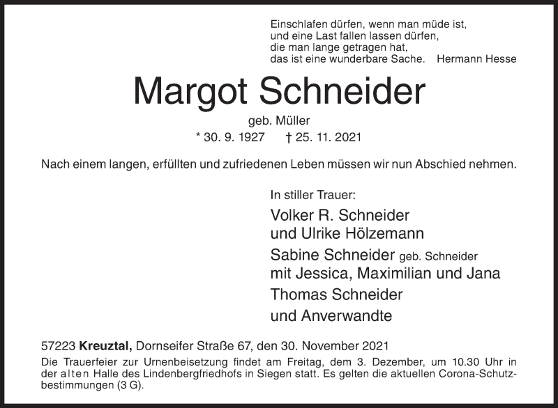  Traueranzeige für Margot Schneider vom 30.11.2021 aus Siegener Zeitung