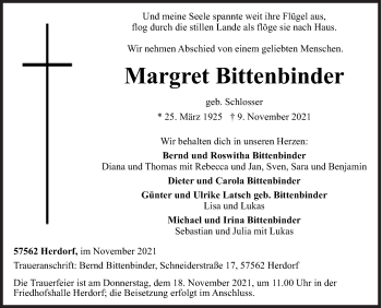 Traueranzeige von Margret Bittenbinder von Siegener Zeitung