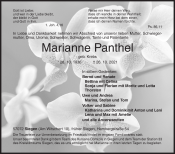 Traueranzeige von Marianne Panthel von Siegener Zeitung