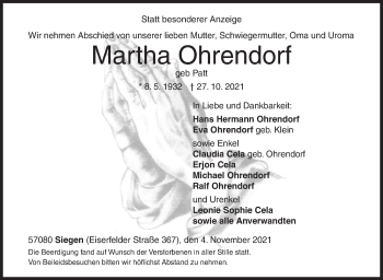Traueranzeige von Martha Ohrendorf von Siegener Zeitung