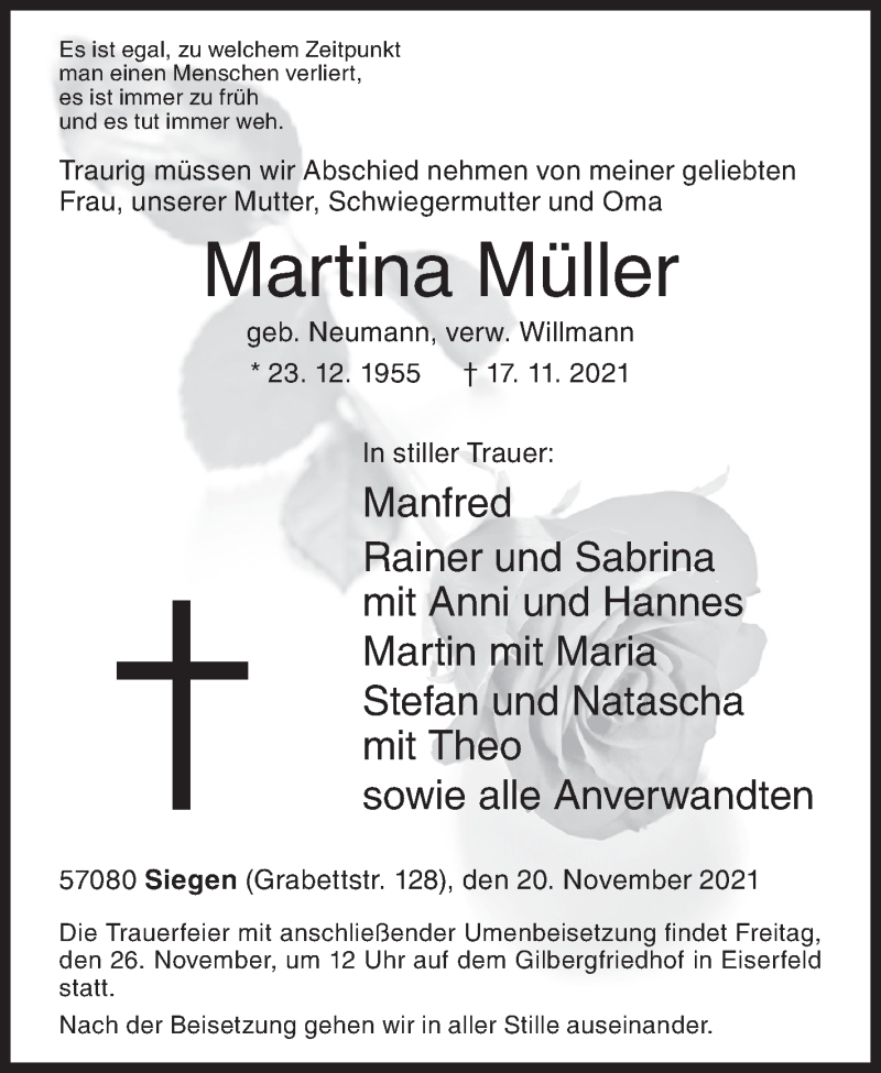  Traueranzeige für Martina Müller vom 20.11.2021 aus Siegener Zeitung