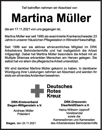 Traueranzeige von Martina Müller von Siegener Zeitung