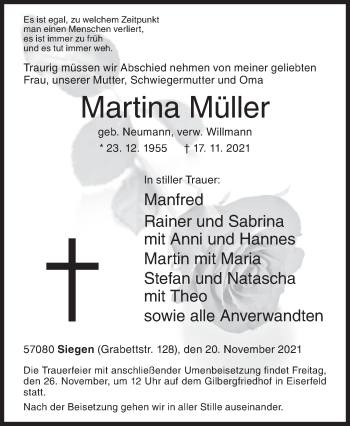 Traueranzeige von Martina Müller von Siegener Zeitung