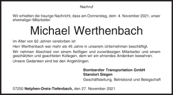 Traueranzeige von Michael Werthenbach von Siegener Zeitung