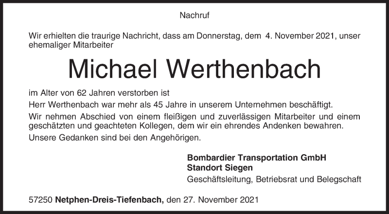  Traueranzeige für Michael Werthenbach vom 27.11.2021 aus Siegener Zeitung