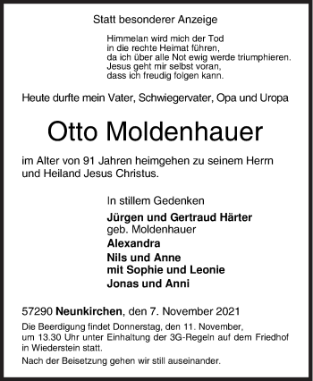 Traueranzeige von Otto Moldenhauer von Siegener Zeitung