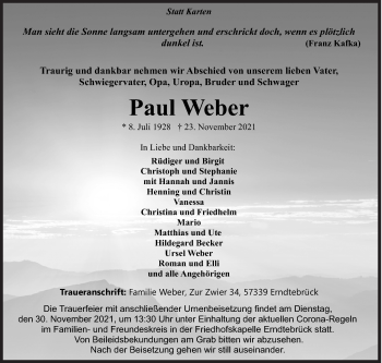 Traueranzeige von Paul Weber von Siegener Zeitung