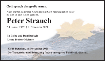 Traueranzeige von Peter Strauch von Siegener Zeitung