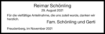 Traueranzeige von Reimar Schönling von Siegener Zeitung
