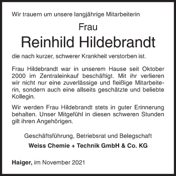 Traueranzeige von Reinhild Hildebrandt von Siegener Zeitung