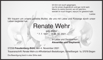Traueranzeige von Renate Wehr von Siegener Zeitung
