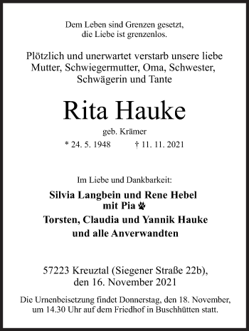 Traueranzeige von Rita Hauke von Siegener Zeitung