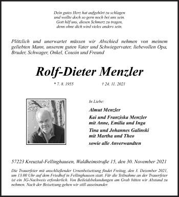 Traueranzeige von Rolf-Dieter Menzler von Siegener Zeitung