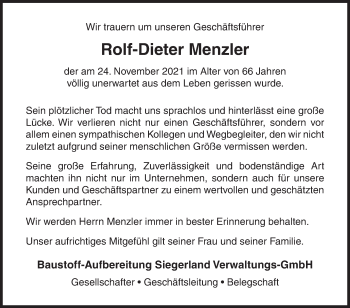 Traueranzeige von Rolf-Dieter Menzler von Siegener Zeitung