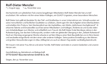 Traueranzeige von Rolf-Dieter Menzler von Siegener Zeitung