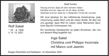 Traueranzeige von Rolf Sakel von Siegener Zeitung