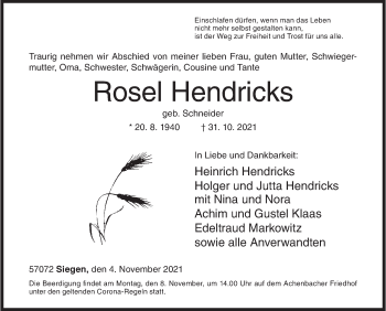 Traueranzeige von Rosel Hendricks von Siegener Zeitung