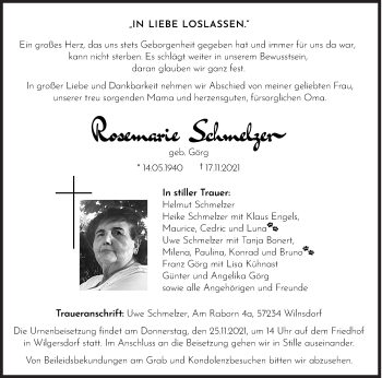 Traueranzeige von Rosemarie Schmelzer von Siegener Zeitung