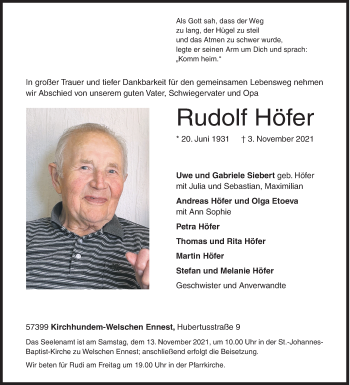 Traueranzeige von Rudolf Höfer von Siegener Zeitung